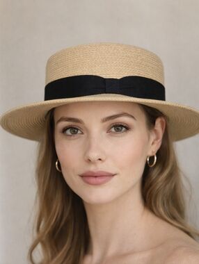Women's Target Beige Straw Boater Hat with Black Ribbon, One Size